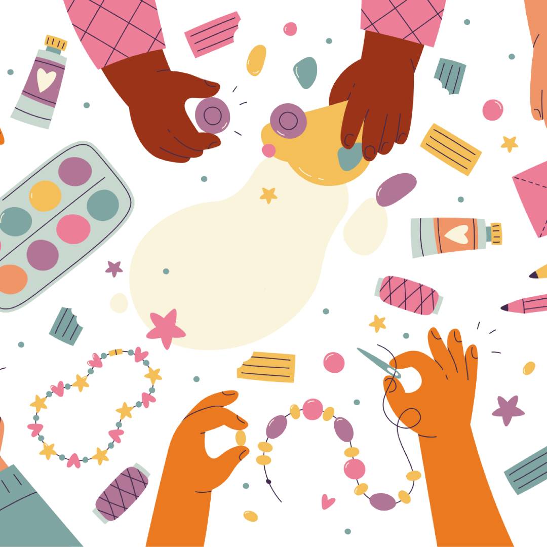 Illustration of childre's hands playing with objects on a craft table