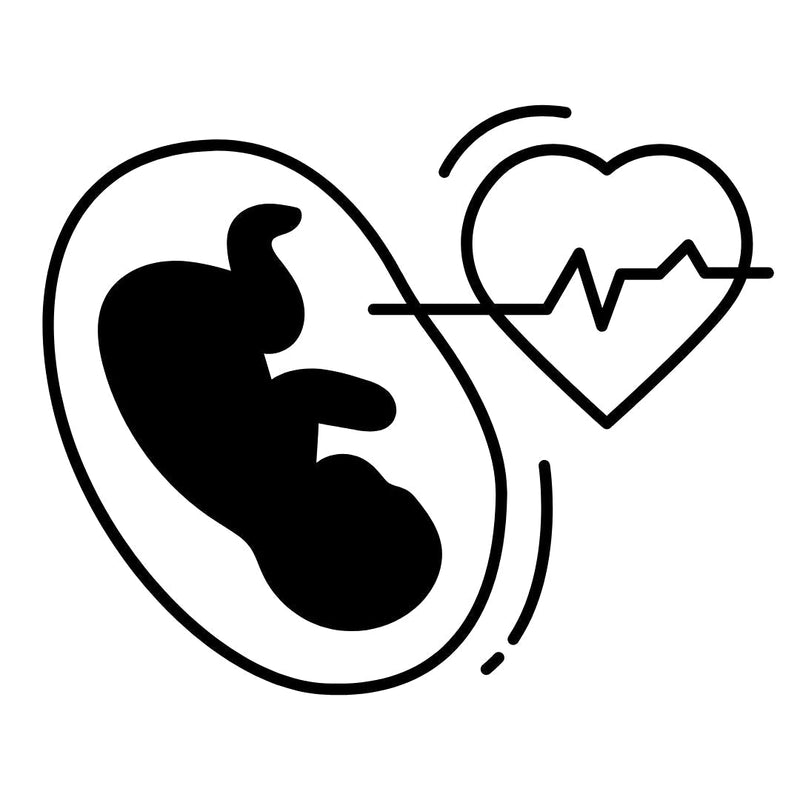 Illustrated silhouette of a baby in the uterus next to a heart shape and rhythm