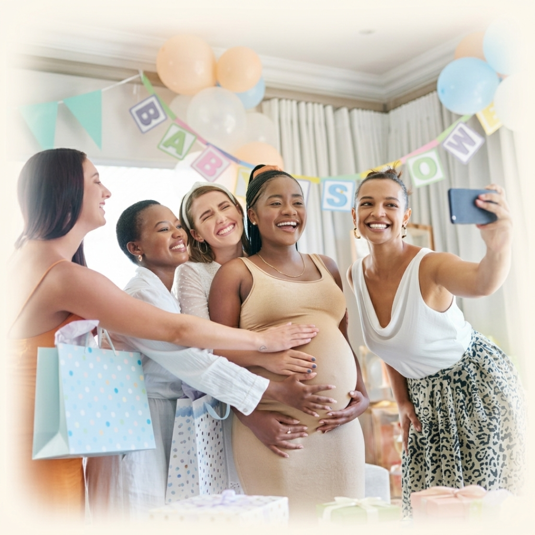 A group of mums taking a baby shower photo to share on social media