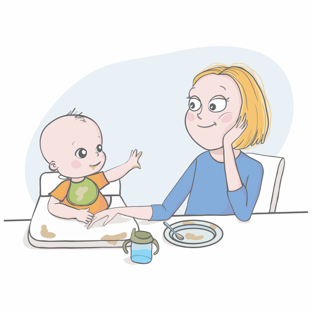 Illustration of a mother feeding her baby in a highchair